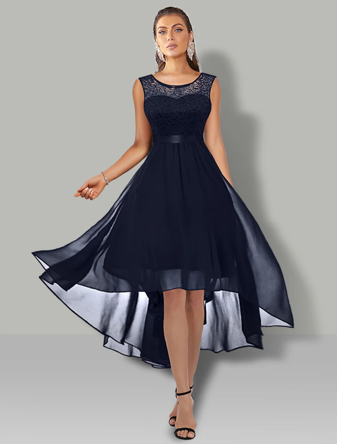 Luolandi A-Line Cocktail Dresses Vintage Dress Party Wear Asymmetrical Sleeveless Jewel Neck Chiffon with Pleats Lace Insert